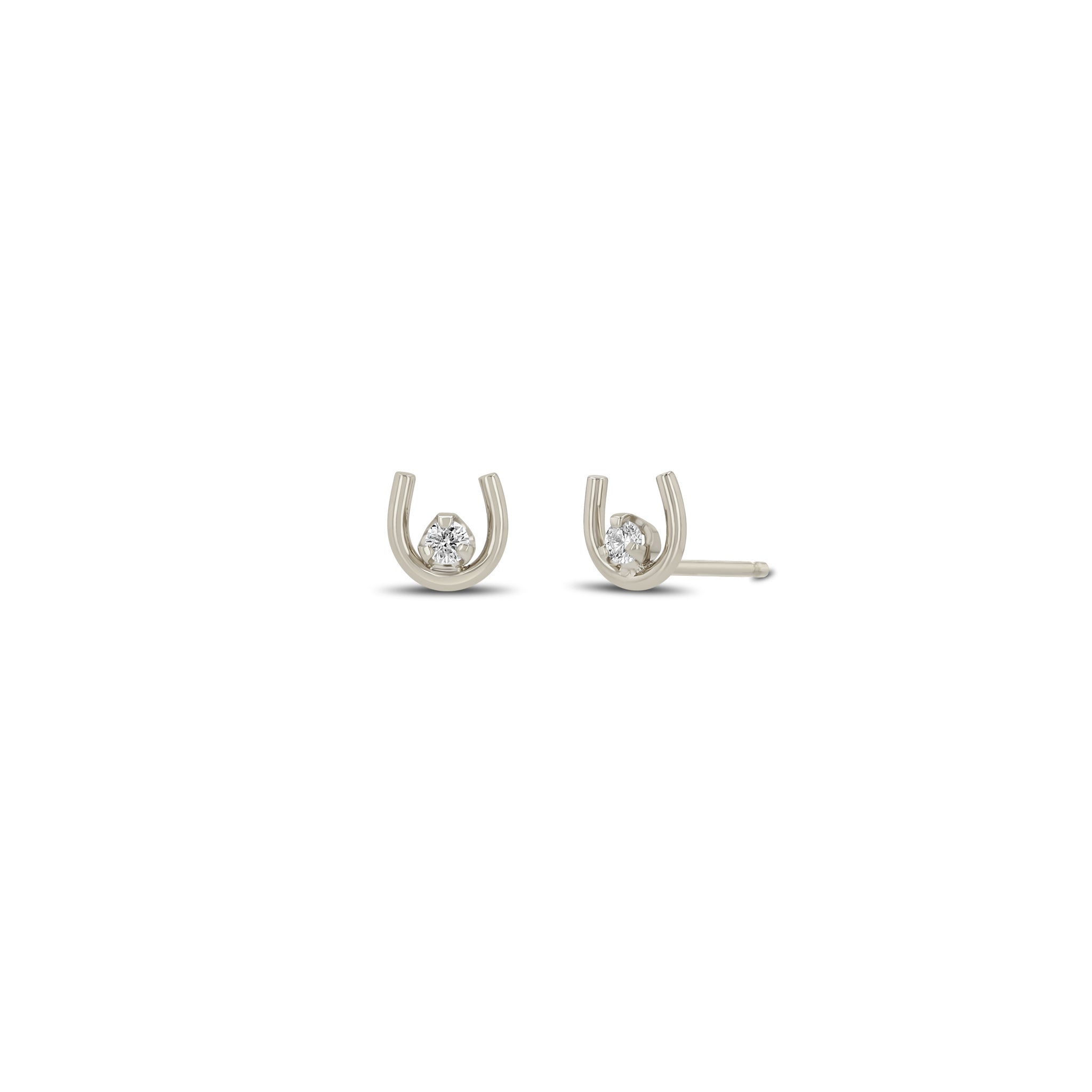 Zoe Chicco 14k white gold small horseshoe stud earrings with a single prong diamond on a white background