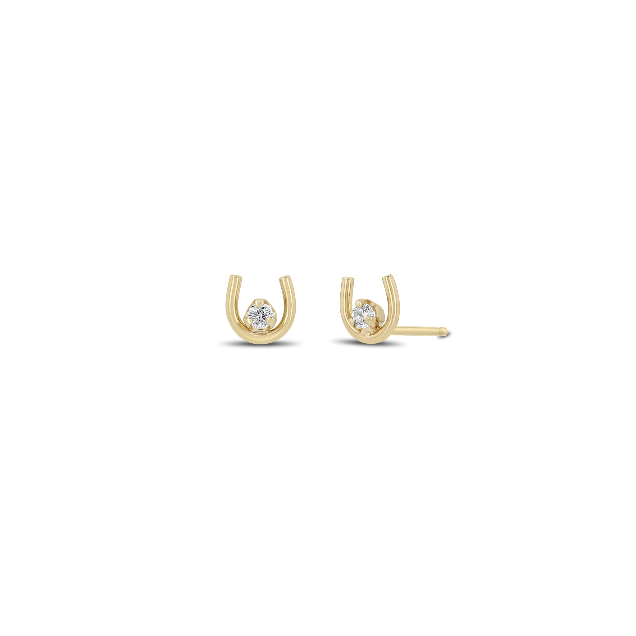 Zoe Chicco 14k gold small horseshoe stud earrings with a single prong diamond on a white background