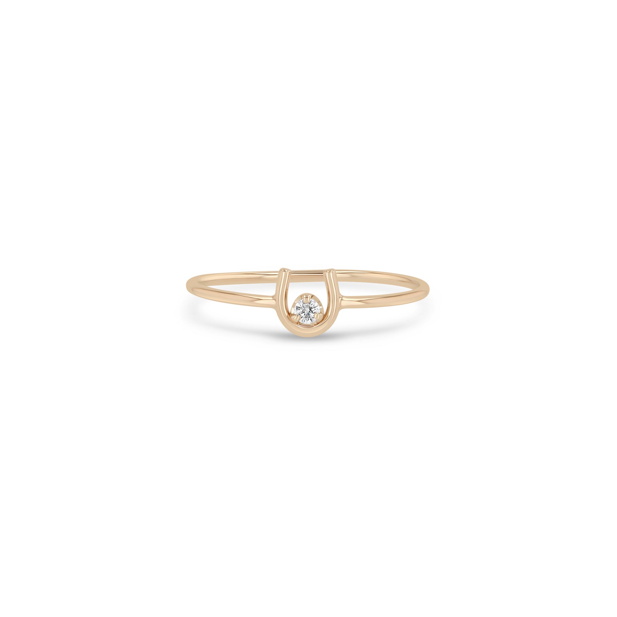 Zoe Chicco 14k rose gold small horseshoe ring with a small white diamond on a white background