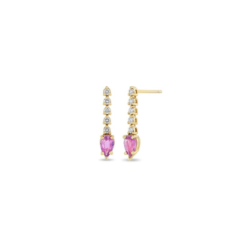 Zoe Chicco 14k gold earrings with pink pear-shaped sapphires and round diamonds on a white background