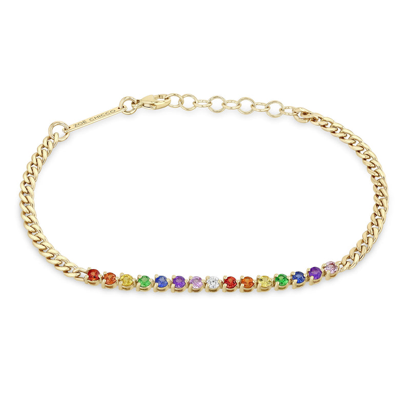 Zoë Chicco 14k Gold Rainbow Sapphire Tennis Segment Small Curb Chain Bracelet