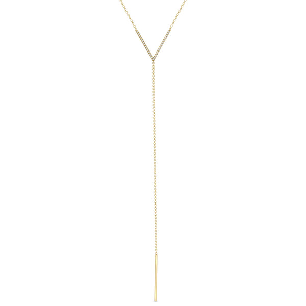 Zoe Chicco 14k gold v shaped bar lariat necklace with pave diamonds on a white background