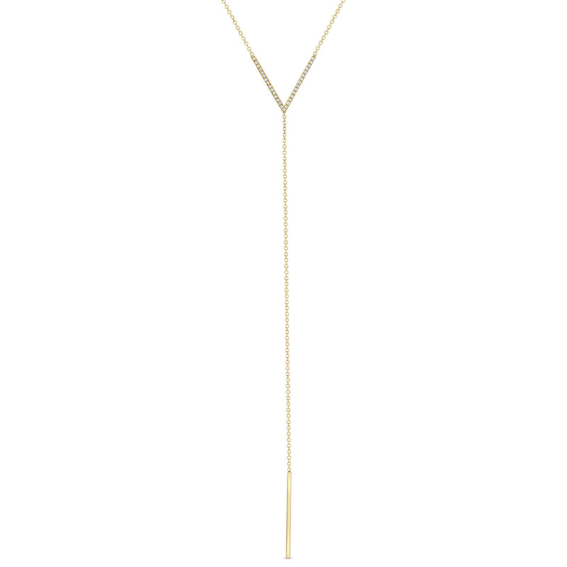 Zoe Chicco 14k gold v shaped bar lariat necklace with pave diamonds on a white background