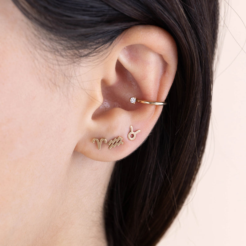 A model with dark hair wears Zoe Chicco's 14k Itty Bitty Zodiac Studs