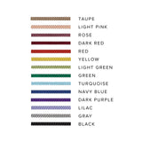 Zoe Chicco chart with color examples of different cord options with black text writing on white background