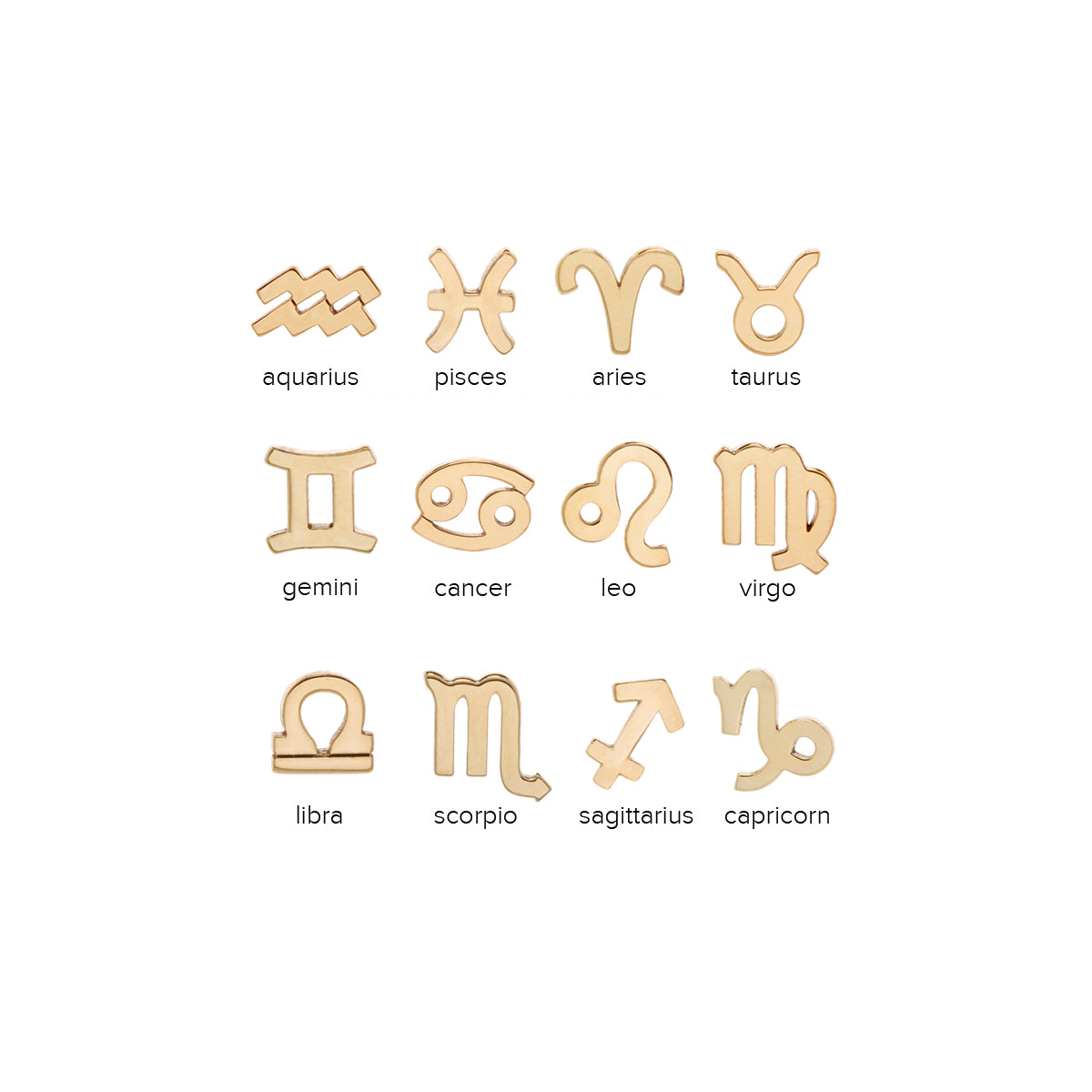 A chart of Zoë Chicco 12 zodiac symbols in 14k yellow gold