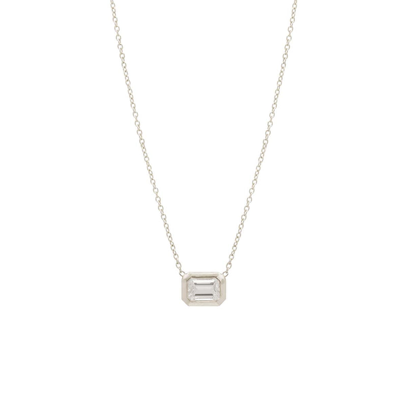 Silver emerald cut diamond solitaire pendant necklace