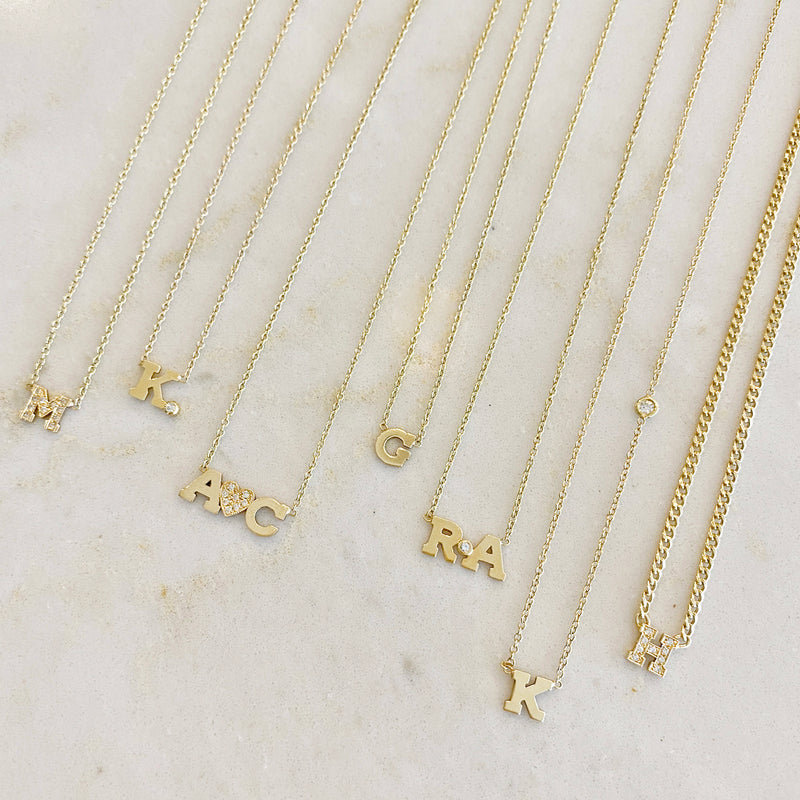 14k Initial Letter Necklace with Floating Diamond