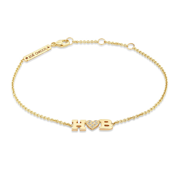 Zoë Chicco 14k Gold 2 Initial Letter (H and B) with Pave Diamond Heart Bracelet