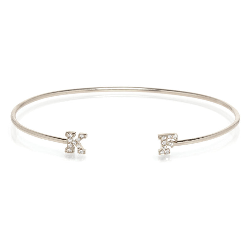 Delicate Pave Diamond Initial Letter Bracelet - 14K Solid White or
