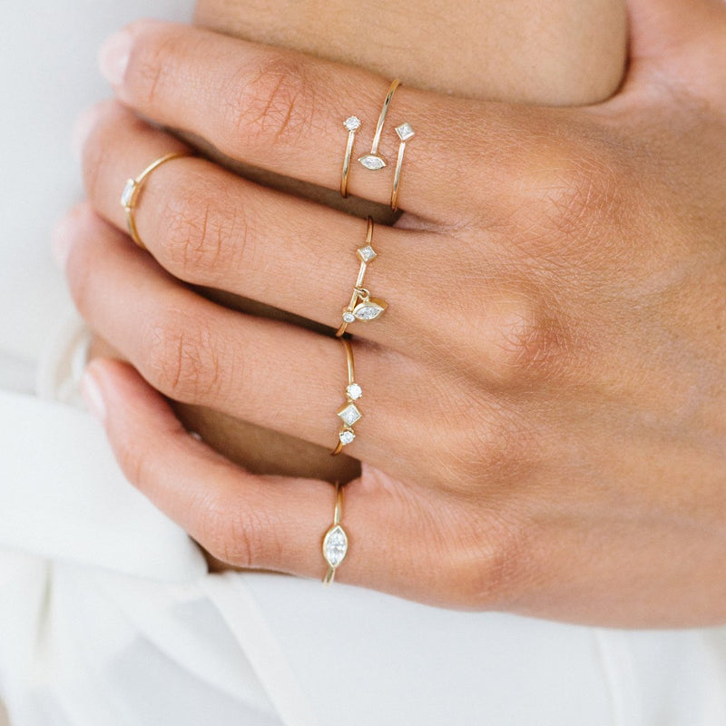 14k Princess & Round Diamond Bezel Ring with Dangling Marquise Diamond - SALE