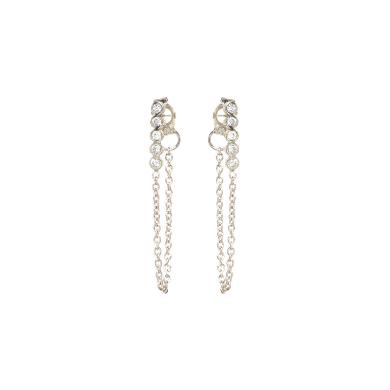 14k Tiny 5 Diamond Bezel Bar Chain Huggie Earrings