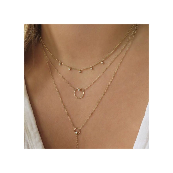 14k Prong Diamond & Circle Lariat Necklace