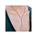 14k Large Mantra with Diamond Border Lariat Necklace on Medium Curb Chain