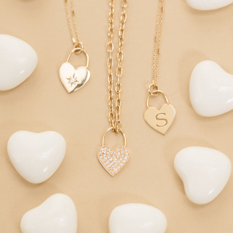 14k Small Engraved Initial Heart Padlock Necklace