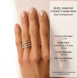 comparison image of Zoe Chicco 14k gold diamond bezel eternity band rings stacked together on a finger against a white background