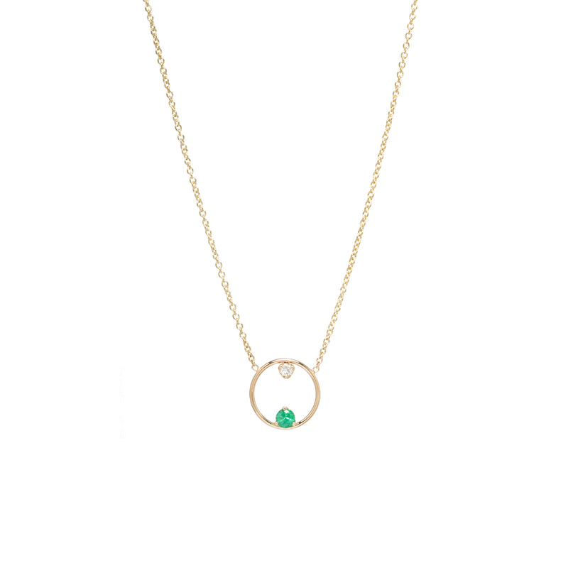 14k Circle Prong Emerald & Diamond Necklace