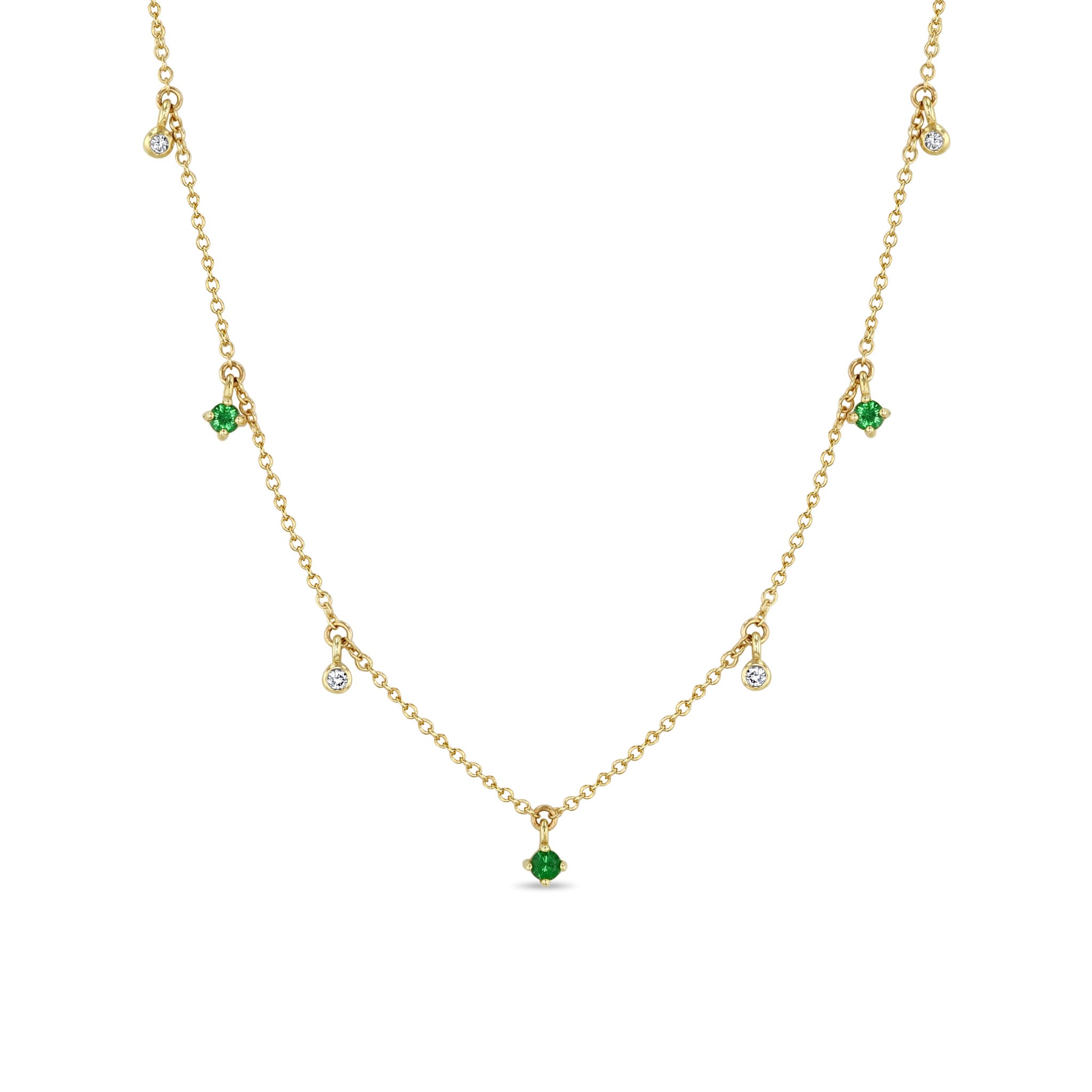 Zoë Chicco 14k Gold Dangling Mixed Round Emeralds & Diamonds Necklace