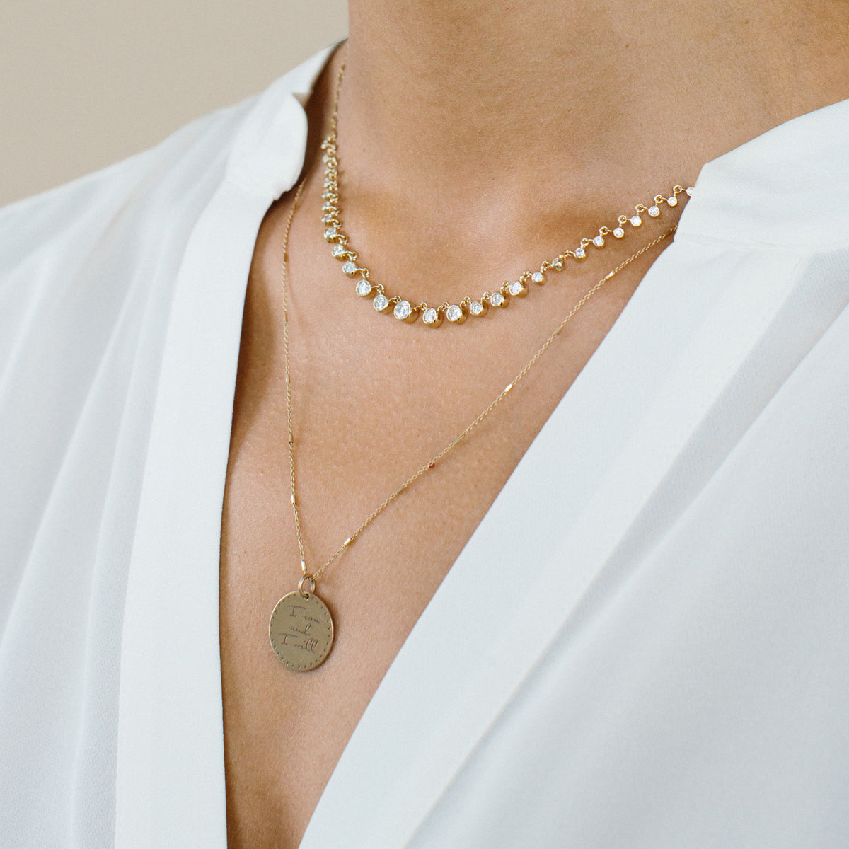 14k Small Mantra Star Border Necklace on Tiny Bar & Cable Chain - SALE