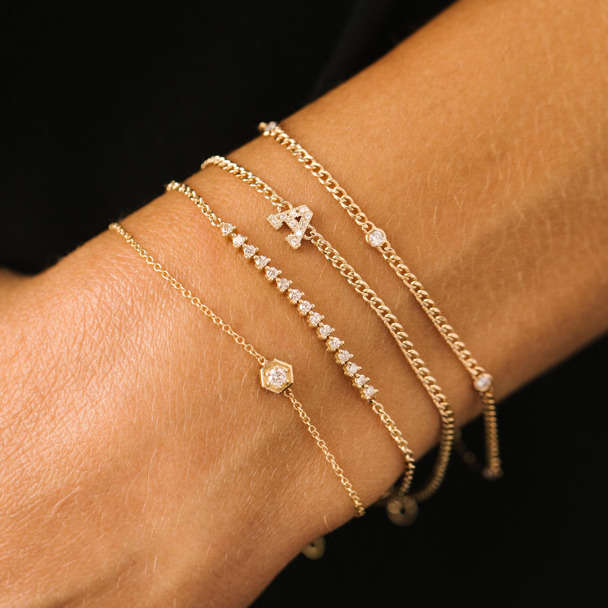 14k Pavé Diamond Initial Letter Curb Chain Bracelet