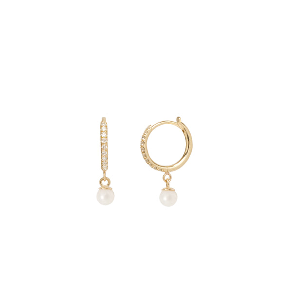 Zoe Chicco 14k Gold Dangling Pearl Pave Diamond Huggie Hoop Earrings ZOE CHICCO