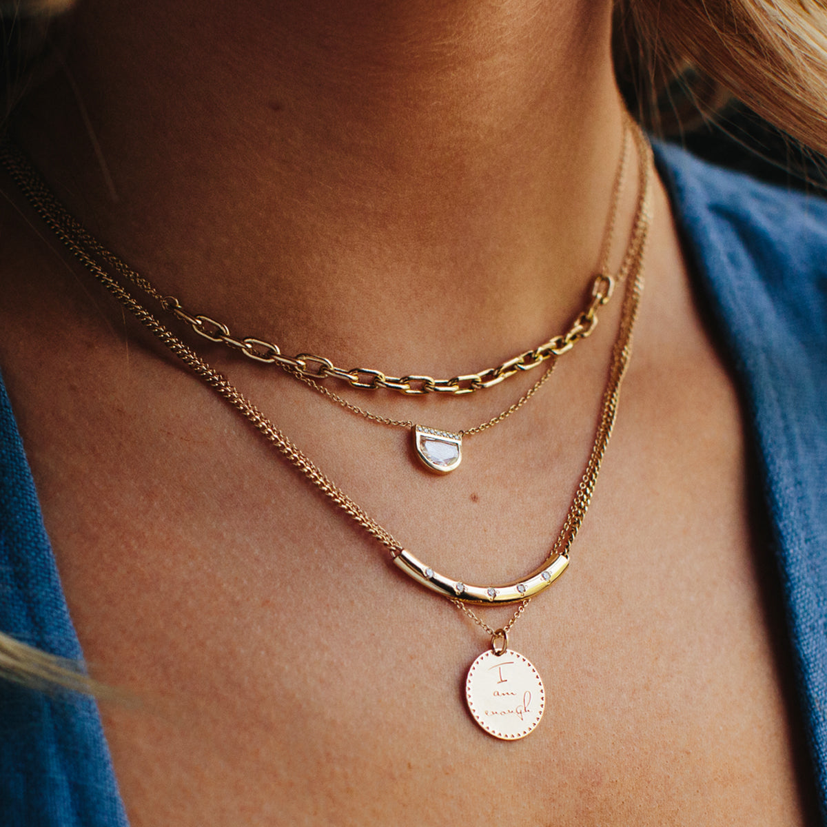 14k Small Mantra Heart Border Necklace on Tiny Bar & Cable Chain - SALE