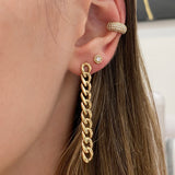 woman's ear wearing Zoë Chicco 14kt Large Curb Chain Link Drop Earrings with a Diamond Hexagon stud and a Pave Diamond Wide Ear Cuff