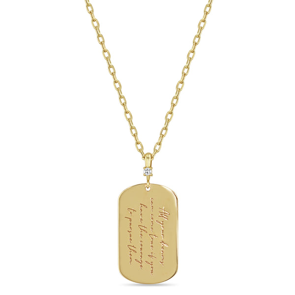 Zoë Chicco 14k Yellow Gold Mantra Dog Tag with Diamond Bail Square Oval Chain Necklace