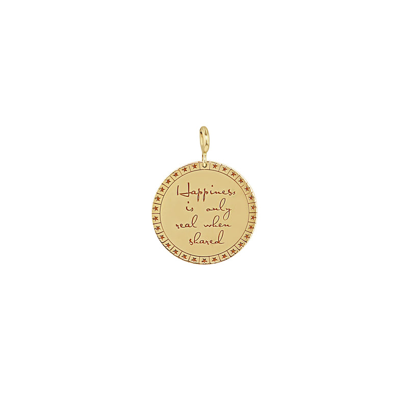 Zoë Chicco 14k Yellow Gold Large "Happiness is only real when shared" Mantra with Star Border Disc Clip On Charm Pendant