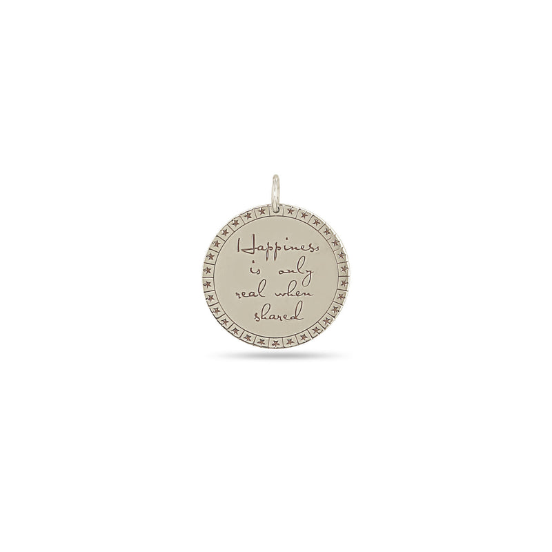 Zoë Chicco 14k White Gold Large "Happiness is only real when shared" Mantra with Star Border Disc Charm Pendant
