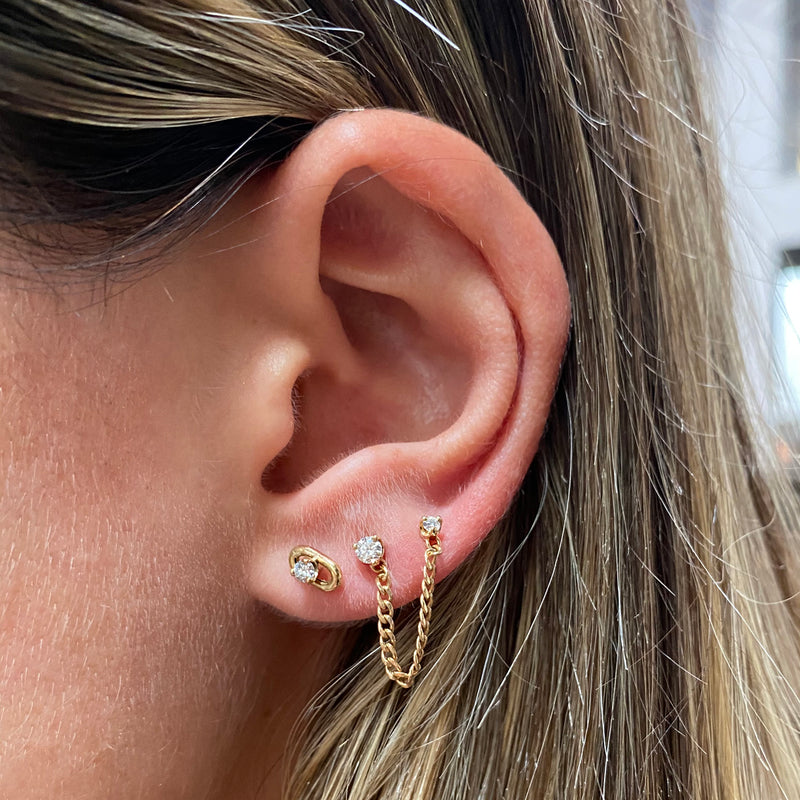 woman's ear wearing Zoe Chicco 14k Gold XS Curb Chain Mixed Diamond Double Stud Earring