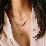 woman wearing Zoë Chicco 14kt Gold Medium Pavé Diamond Square Edge Dog Tag Necklace