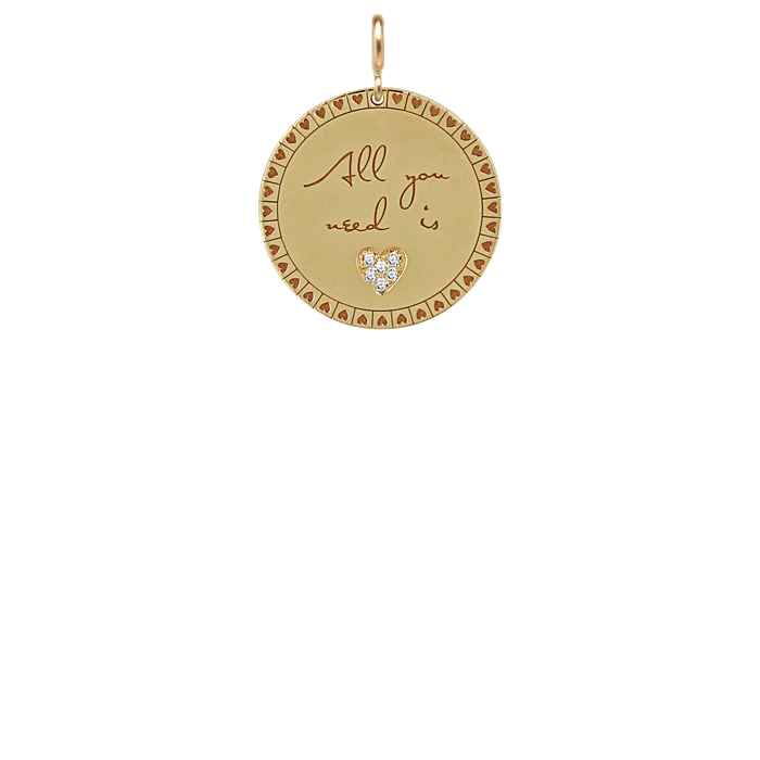 Zoë Chicco 14k Gold Medium "All you need is love" Mantra with Heart Border Disc Charm Pendant with Spring Ring