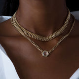 close up of woman in white button up shirt wearing Zoë Chicco 14k Gold Double Wide Curb Chain Choker Necklace around her neck