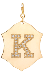 14k Pavé Diamond Initial Large Ornate Shield Charm on Spring Ring