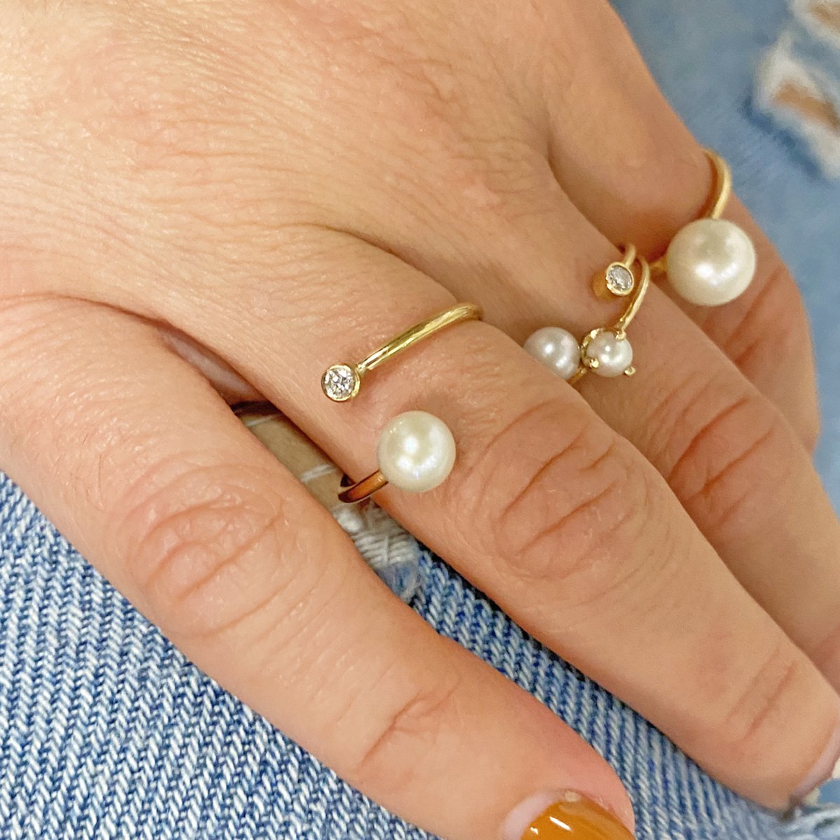 14k Pearl & Diamond Bezel Open Ring