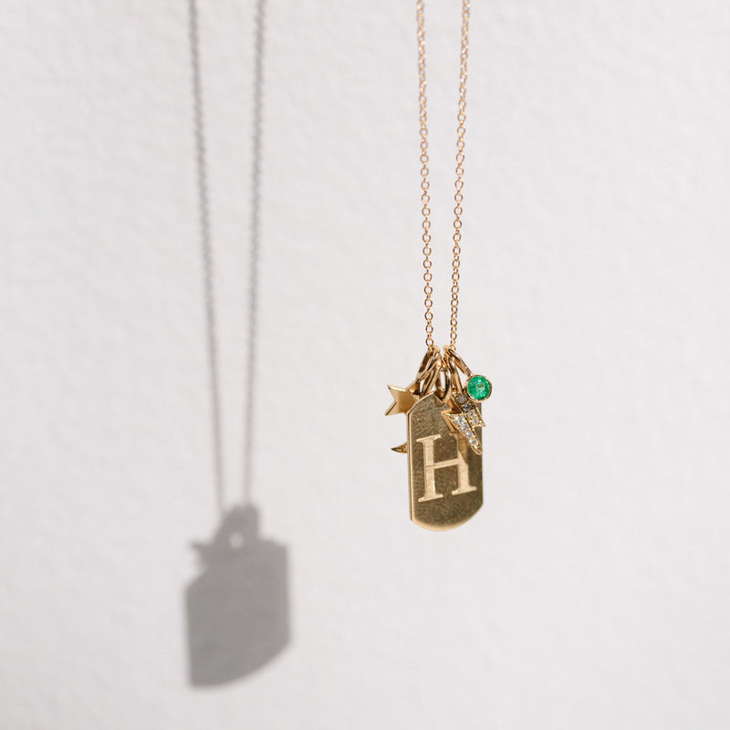 Zoe Chicco 14karat gold chain with a dog tag engraved with H, a Midi Bitty Star charm, an emerald bezel charm, and a pave diamond lightning bolt charm