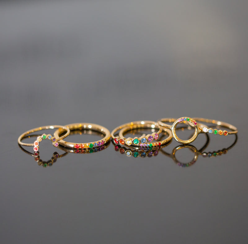 14k Medium 7 Pavé Rainbow Sapphires Ring