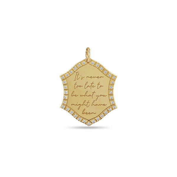 Zoë Chicco 14k Gold Engraved Mantra Shield with Diamond Border Charm Pendant