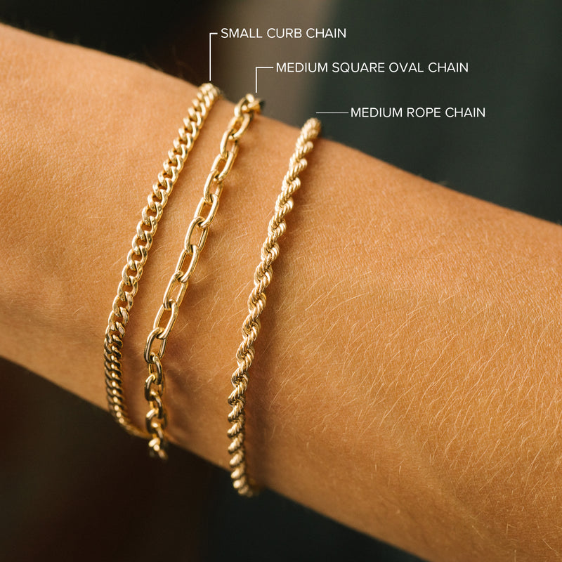 comparison image of a Zoë Chicco 14k Gold Medium Square Oval Link Chain Bracelet with a Small Curb Chain Bracelet and Medium Rope Chain Bracelet