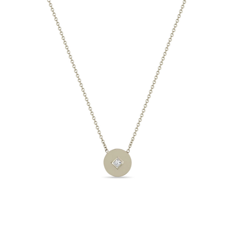 Zoë Chicco 14k White Gold Princess Diamond Small Disc Pendant Necklace