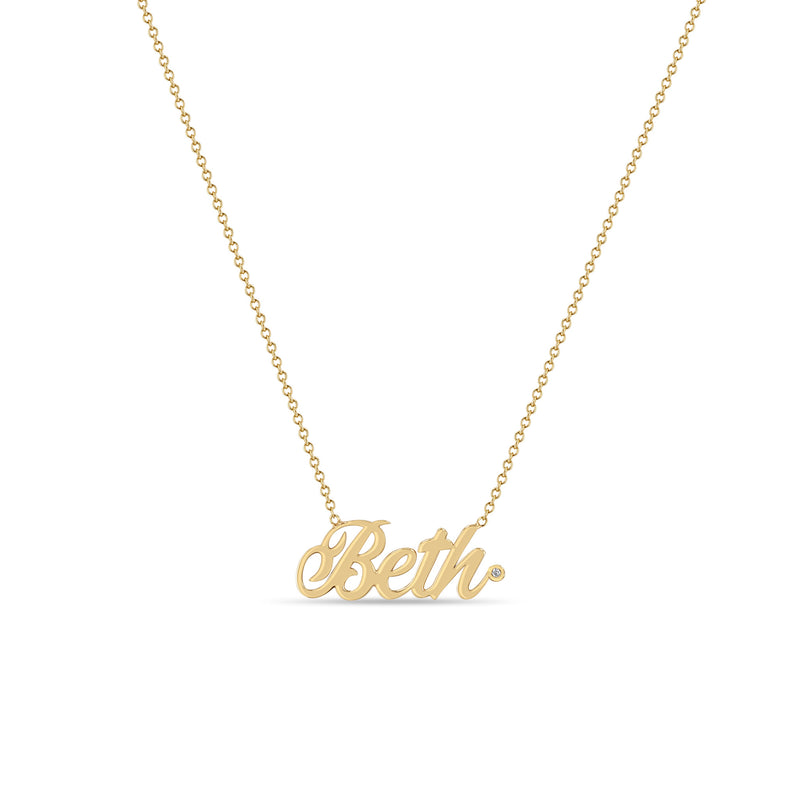 Zoë Chicco 14k Gold Script Letter Custom Name Necklace with "Beth" and a small diamond at the end of the name