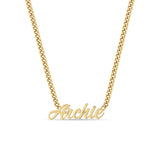Zoë Chicco 14k Gold Script Letter Custom Name Curb Chain Necklace with Archie spelled out and a small diamond at the end of the name