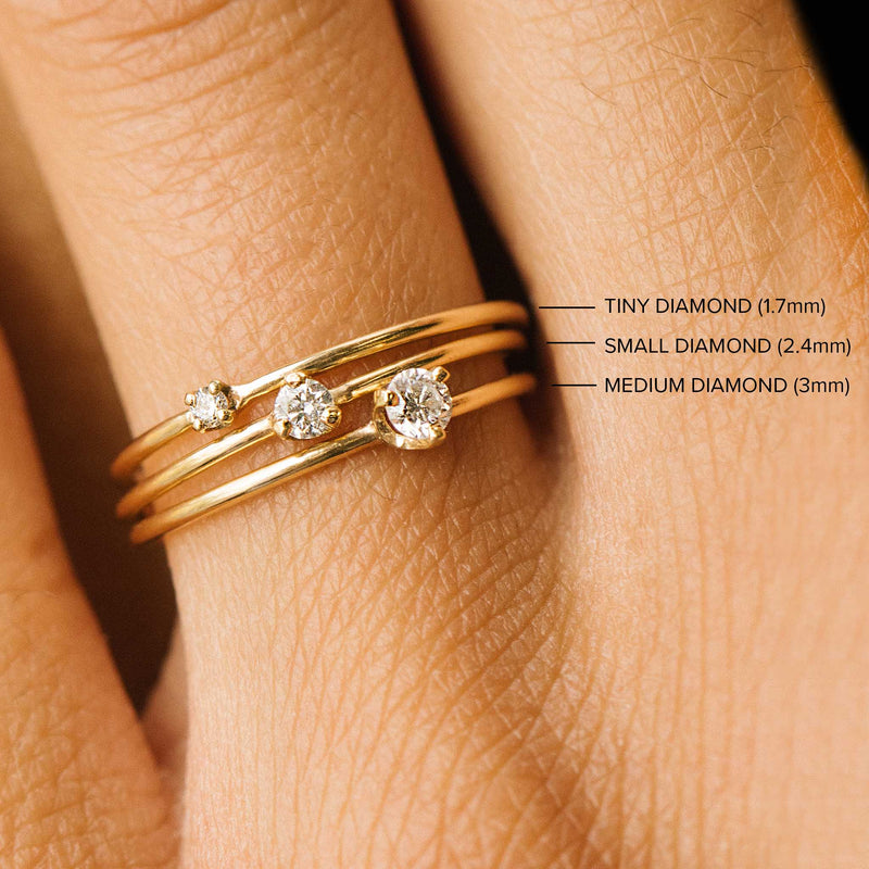 comparison image of three different sizes of a Zoë Chicco 14k Gold Single Prong Diamond Solitaire Ring