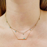 woman wearing Zoe Chicco 14kt Gold Prong Set Turquoise Straight Bar Necklace