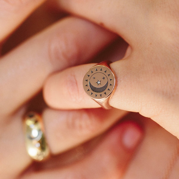 14k Total Eclipse Engraved Sun, Moon & Star Signet Ring - SALE