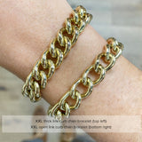 comparison between Zoe Chicco 14kt XX Large Open Link Curb Chain Bracelet and XXL Thick Link Curb Chain bracelet on a woman's wrist