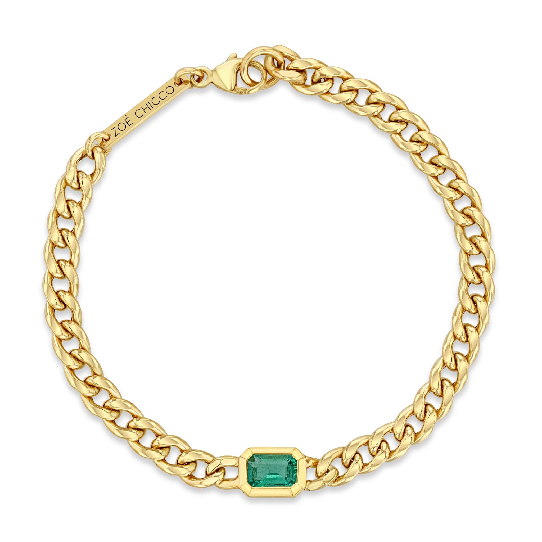 top down view of a Zoë Chicco 14k Gold Medium Curb Chain Emerald Cut Emerald Bezel Bracelet