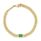 top down view of a Zoë Chicco 14k Gold Medium Curb Chain Emerald Cut Emerald Bezel Bracelet