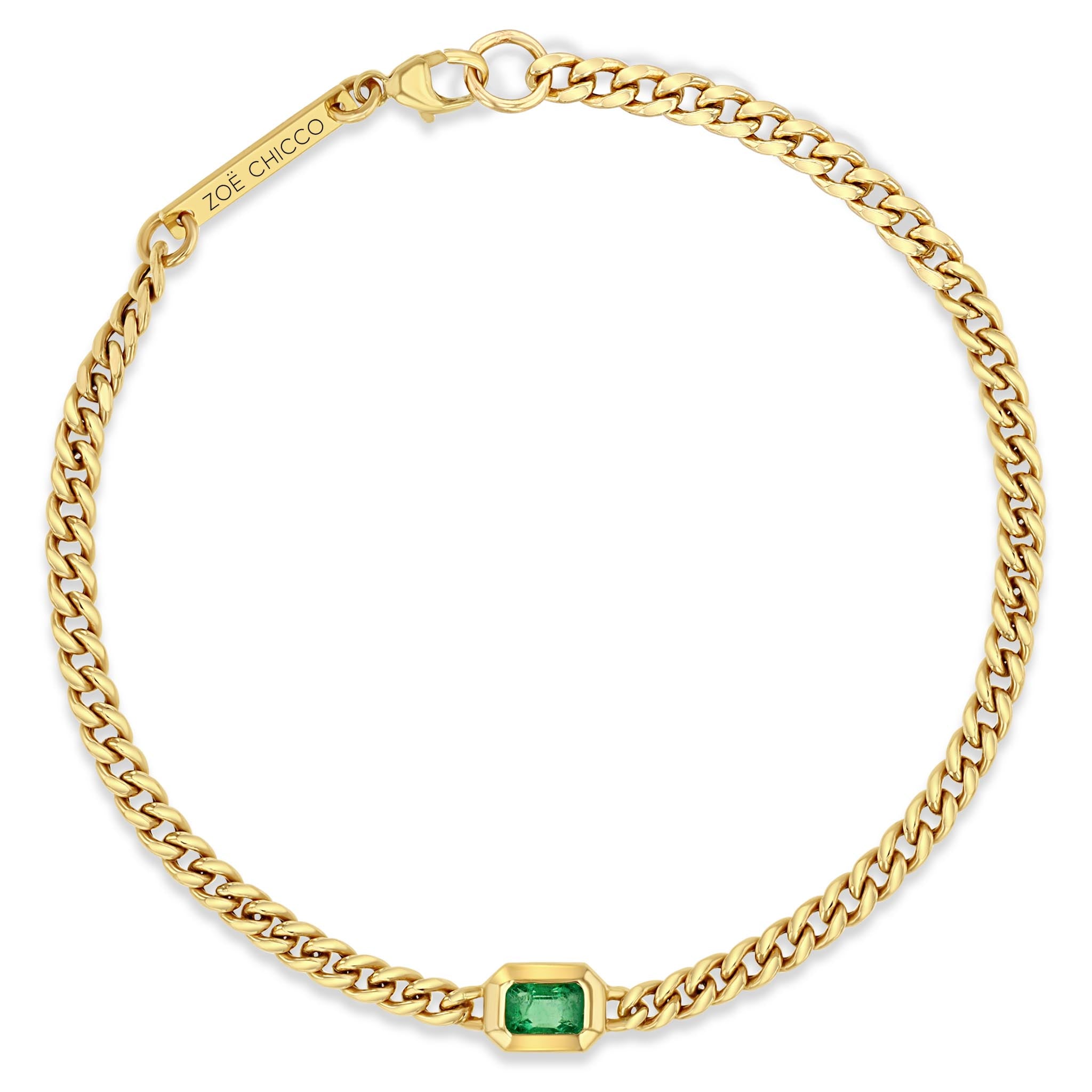 top down view of a Zoë Chicco 14k Gold Small Curb Chain Emerald Cut Emerald Bezel Bracelet